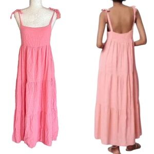 Zara Bubblegum Pink Bow Tie Shoulder Tiered Midi Maxi Dress - M